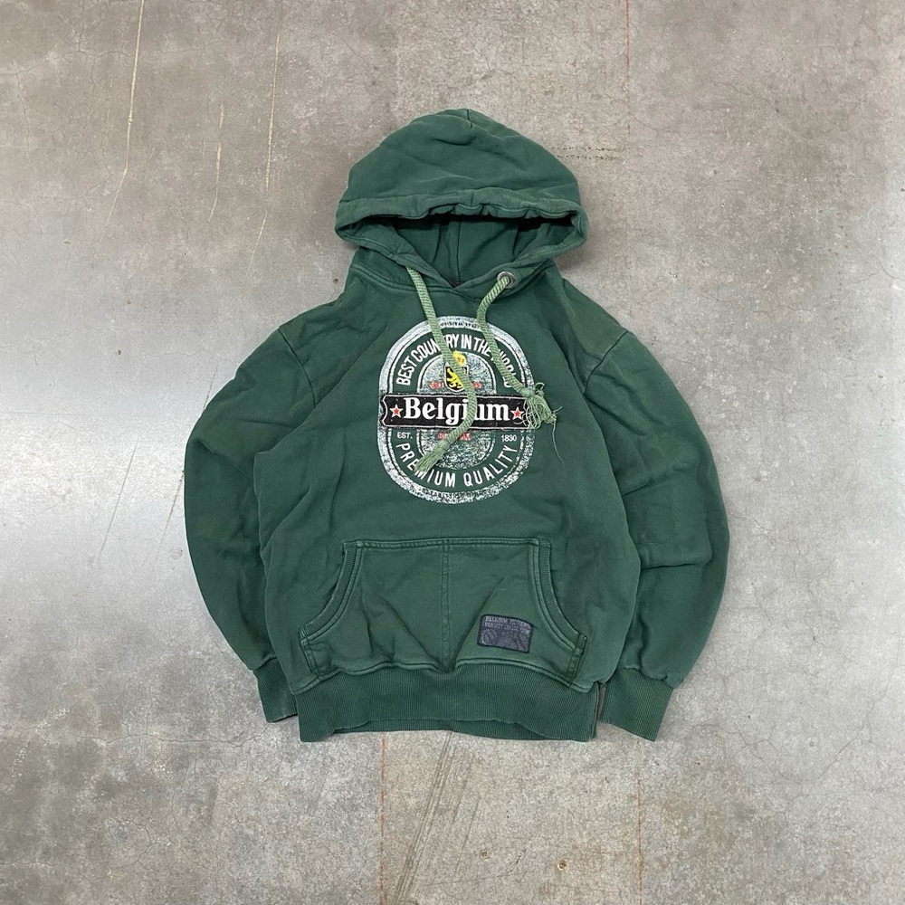VTG Belgium Graphic Hoodie Green Pullover Sweatshirt Mens Size M